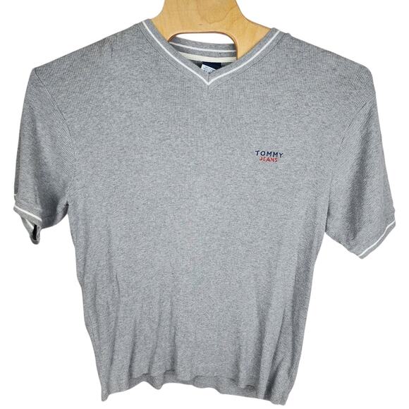 Men's Vintage Tommy Jeans Shirt Gray Thermal Short Sleeve V-Neck Cotton Large L - Picture 1 of 4